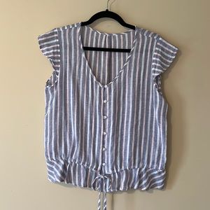 Striped Button Down Cap Sleeve Blouse Blue And White Drawstring Waist